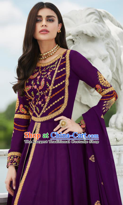 Asian Indian Bollywood Embroidered Purple Georgette Dress India Traditional Anarkali Suit Costumes for Women