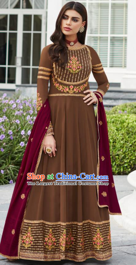 Asian Indian Bollywood Embroidered Brown Georgette Dress India Traditional Anarkali Suit Costumes for Women