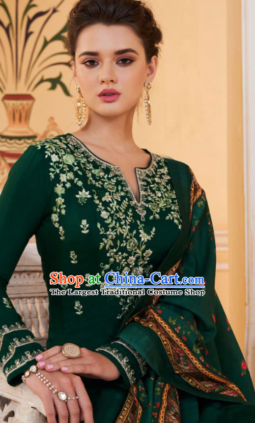 Asian Indian Embroidered Deep Green Muslin Blouse and Pants India Traditional Lehenga Choli Costumes Complete Set for Women