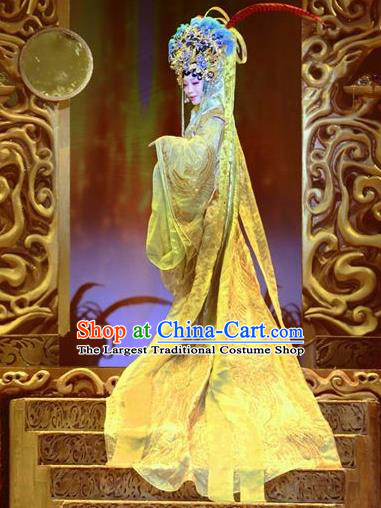 Chinese Zhaojun Chu Sai Ancient Han Dynasty Imperial Consort Classical Dance Yellow Dress Stage Performance Costume and Headpiece for Women