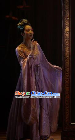 Chinese Zhaojun Chu Sai Ancient Han Dynasty Classical Dance Lilac Dress Stage Performance Costume and Headpiece for Women