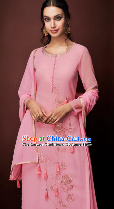 Asian Indian Punjabis Embroidered Pink Blouse and Pants India Traditional Kurti Costumes Complete Set for Women