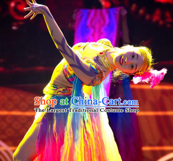 Chinese Phenix Dance In The Sky Classical Dance Colorful Dress Stage Performance Costume and Headpiece for Women