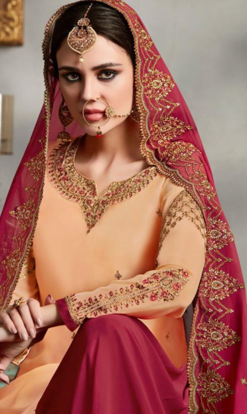 Asian Indian Punjabis Embroidered Orange Blouse and Rosy Skirt India Traditional Lehenga Choli Costumes Complete Set for Women
