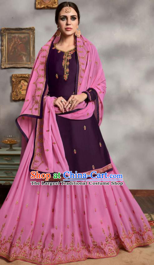 Asian Indian Punjabis Embroidered Purple Blouse and Pink Skirt India Traditional Lehenga Choli Costumes Complete Set for Women