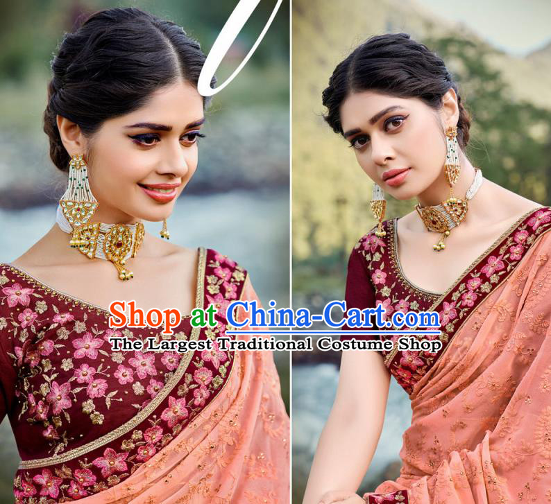 Asian Indian Embroidered Peach Pink Georgette Sari Dress India Traditional Bollywood Court Costumes for Women