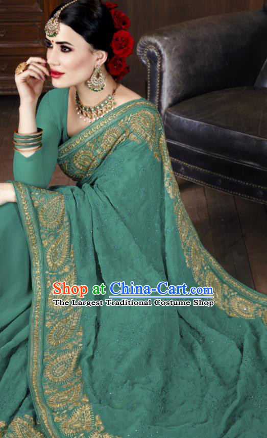 Asian Indian National Bollywood Green Georgette Embroidered Sari Dress India Traditional Costumes for Women