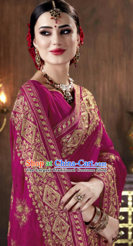 Asian Indian National Bollywood Purple Georgette Embroidered Sari Dress India Traditional Costumes for Women