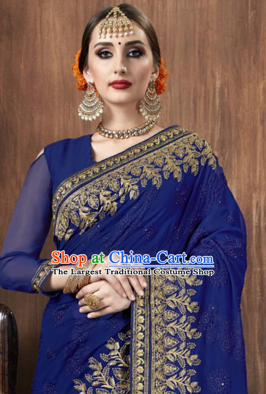 Asian Indian National Bollywood Royalblue Georgette Embroidered Sari Dress India Traditional Costumes for Women