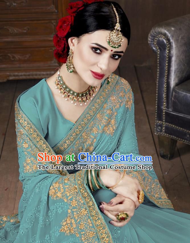 Asian Indian National Bollywood Blue Georgette Embroidered Sari Dress India Traditional Costumes for Women