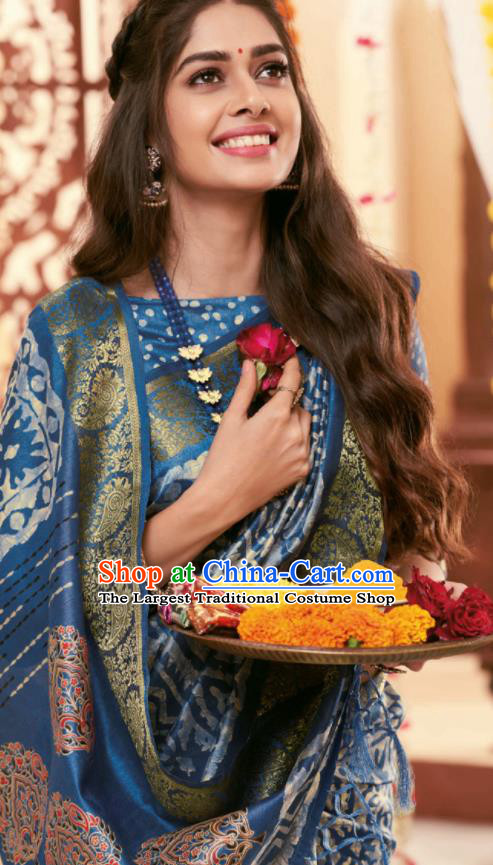 Blue Cotton Asian Indian National Lehenga Sari Dress India Bollywood Traditional Costumes for Women
