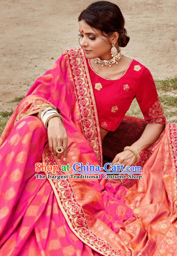 Asian Indian Bollywood Bride Embroidered Rosy Sari Dress India Traditional Court Wedding Costumes for Women