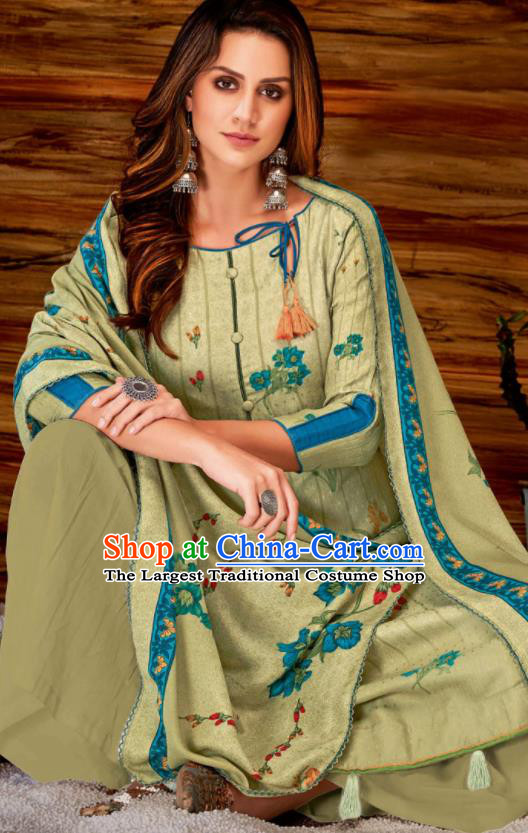 Asian Indian Bollywood Traditional Olive Green Pashmina Blouse and Pants India Punjabis Lehenga Choli Costumes Complete Set for Women