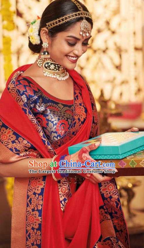 Asian Traditional Indian Festival Red Silk Sari Dress India National Lehenga Bollywood Costumes for Women