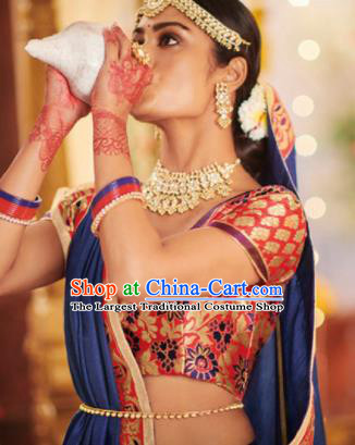 Asian Traditional Indian Festival Royalblue Silk Sari Dress India National Lehenga Bollywood Costumes for Women