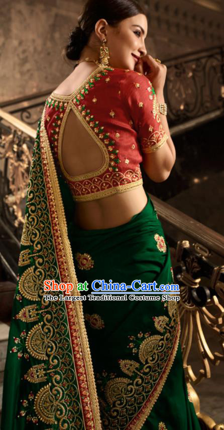 Asian Traditional Indian Court Embroidered Green Silk Sari Dress India National Festival Bollywood Costumes for Women