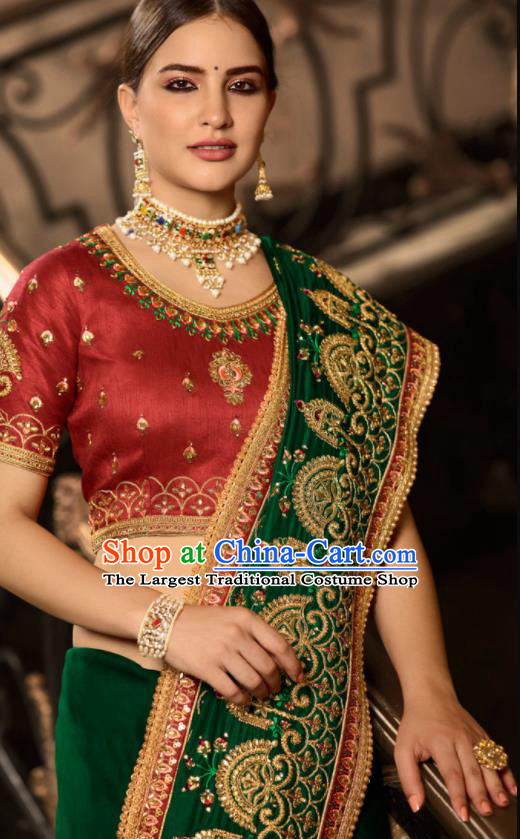 Asian Traditional Indian Court Embroidered Green Silk Sari Dress India National Festival Bollywood Costumes for Women