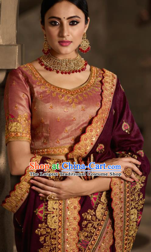 Asian Traditional Indian Court Embroidered Wine Red Silk Sari Dress India National Festival Bollywood Costumes for Women