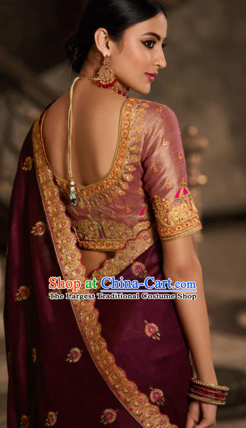 Asian Traditional Indian Court Embroidered Wine Red Silk Sari Dress India National Festival Bollywood Costumes for Women