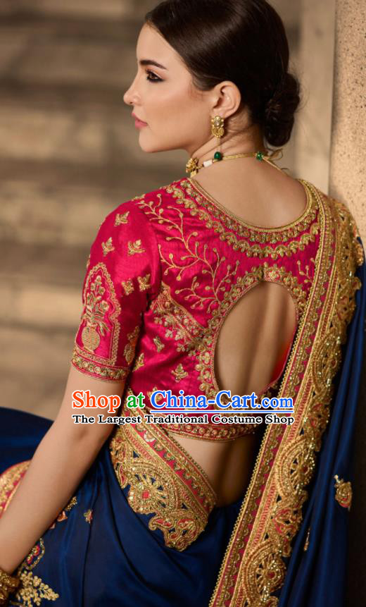 Asian Traditional Indian Court Embroidered Royalblue Silk Sari Dress India National Festival Bollywood Costumes for Women