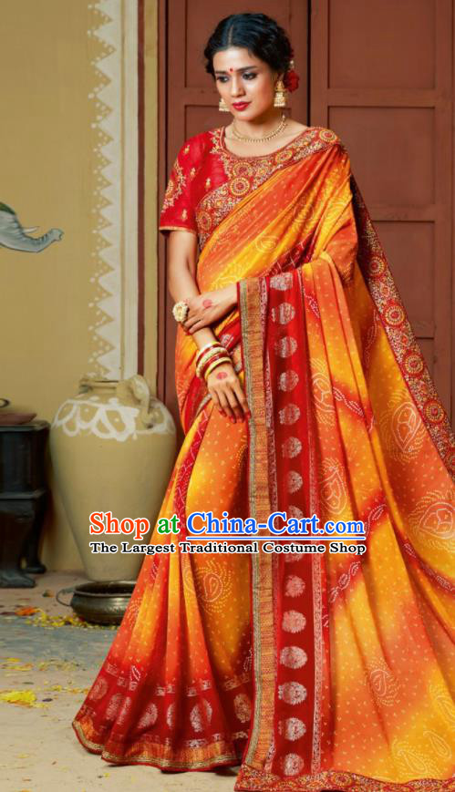 Traditional Indian Saffron Georgette Sari Dress Asian India National Festival Bollywood Costumes for Women