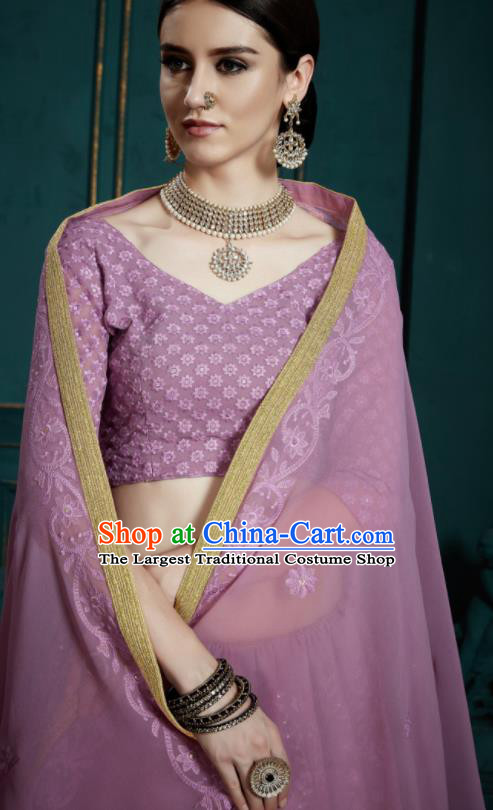 Indian Traditional Lehenga Embroidered Purple Dress Asian India National Festival Costumes for Women