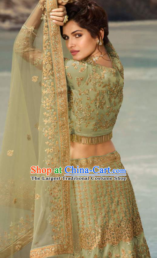 Indian Traditional Lehenga Embroidered Light Green Dress Asian India National Festival Costumes for Women