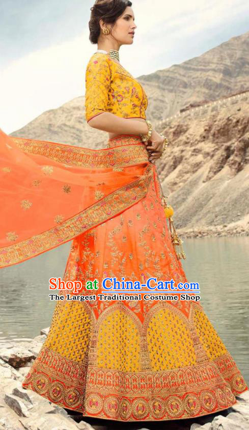 Indian Traditional Lehenga Embroidered Orange Dress Asian India National Festival Costumes for Women