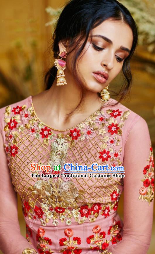 Indian Traditional Court Anarkali Kurta Pink Dress Asian India National Festival Costumes for Women