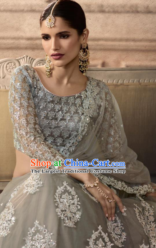 Traditional Indian Lehenga Embroidered Grey Dress Asian India National Festival Costumes for Women