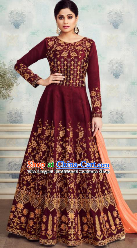 Indian Traditional Bollywood Court Wine Red Silk Anarkali Dress Asian India National Festival Costumes for Women