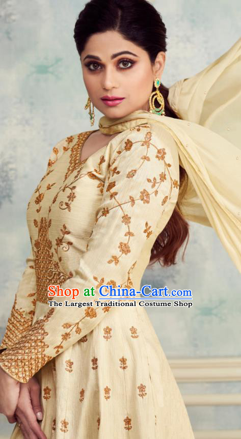 Indian Traditional Bollywood Court Light Yellow Silk Anarkali Dress Asian India National Festival Costumes for Women