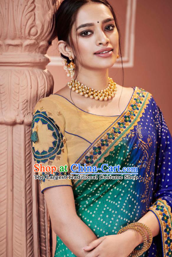 Indian Traditional Sari Bollywood Printing Blue Dress Asian India National Festival Costumes for Women