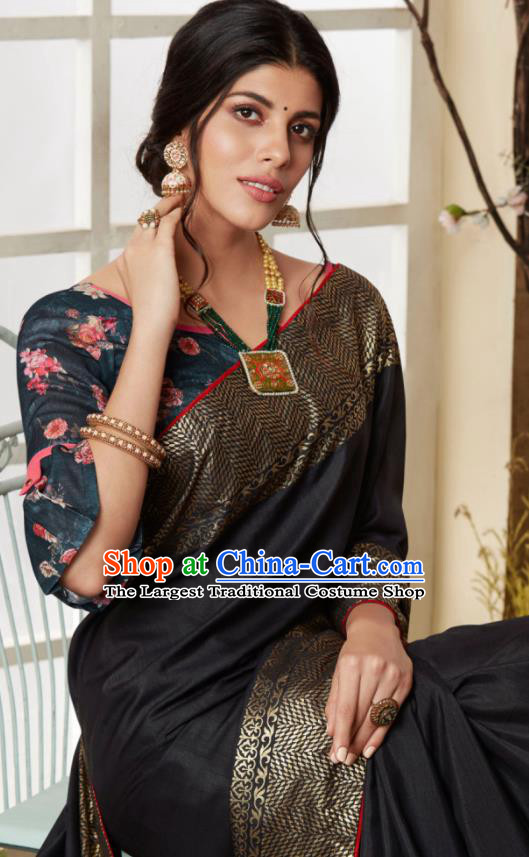 Indian Traditional Bollywood Sari Black Dress Asian India National Festival Costumes for Women