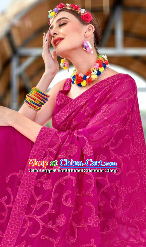 Indian Traditional Bollywood Court Embroidered Rosy Georgette Sari Dress Asian India National Festival Costumes for Women