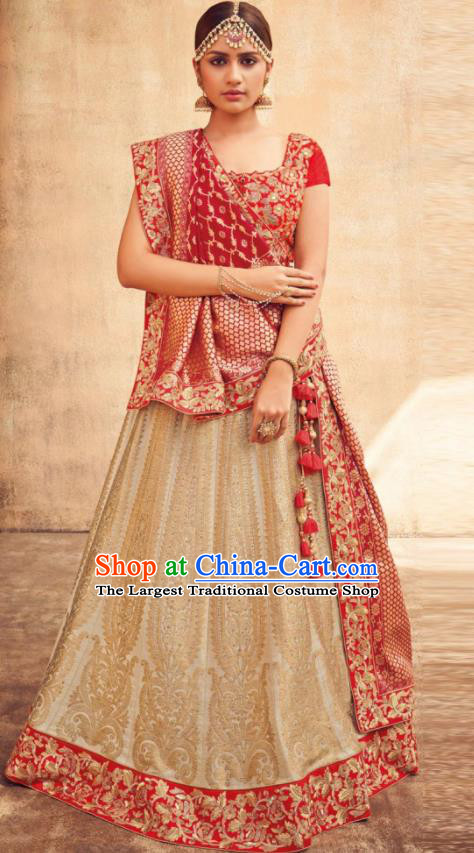 Indian Traditional Bollywood Lehenga Beige Banarasi Silk Dress Asian India National Festival Costumes for Women