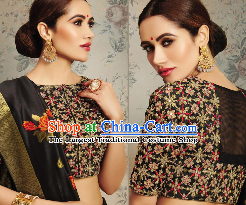 Indian Traditional Festival Jacquard Black Sari Dress Asian India National Court Bollywood Costumes for Women