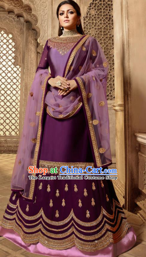 Asian Indian Embroidered Purple Satin Blouse and Skirt India Traditional Lehenga Choli Costumes Complete Set for Women