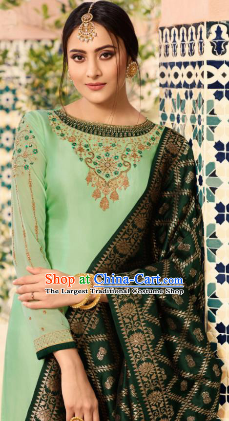 Indian Traditional Embroidered Light Green Satin Blouse and Loose Pants India Punjabis Lehenga Choli Costumes Complete Set for Women