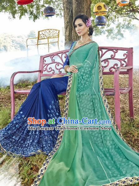 Traditional Indian Embroidered Royalblue and Green Georgette Sari Dress Asian India National Bollywood Costumes for Women