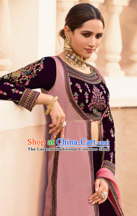 Traditional Indian Embroidered Lehenga Purple Velvet Dress Asian India National Bollywood Costumes for Women