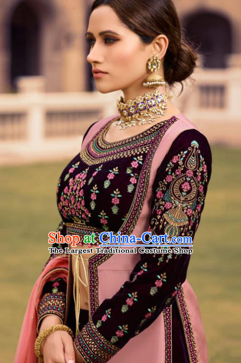 Traditional Indian Embroidered Lehenga Purple Velvet Dress Asian India National Bollywood Costumes for Women