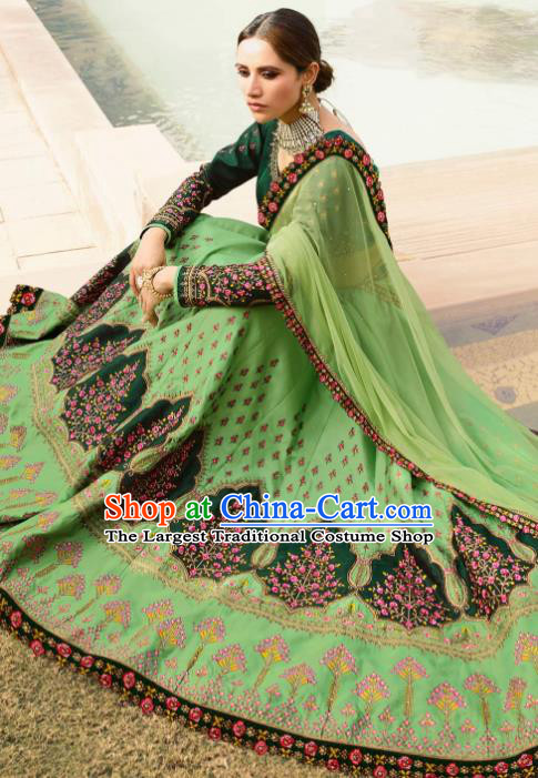 Traditional Indian Embroidered Lehenga Green Silk Dress Asian India National Bollywood Costumes for Women