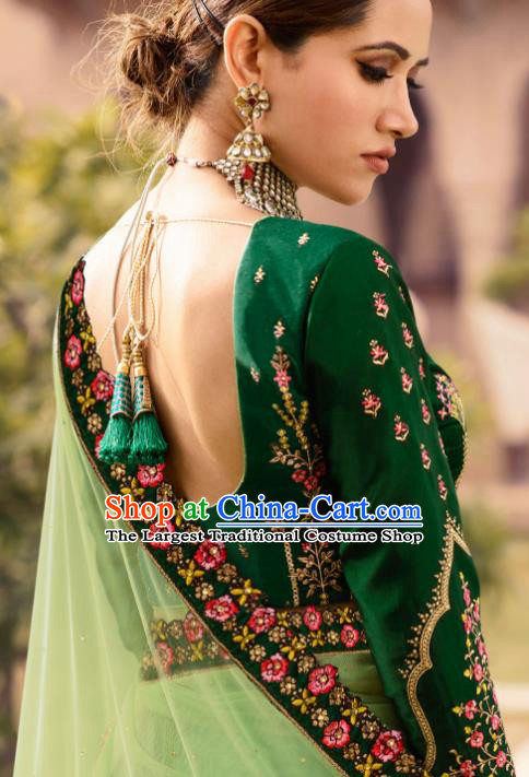 Traditional Indian Embroidered Lehenga Green Silk Dress Asian India National Bollywood Costumes for Women