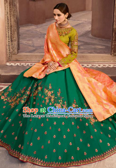 Traditional Indian Embroidered Lehenga Deep Green Silk Dress Asian India National Bollywood Costumes for Women