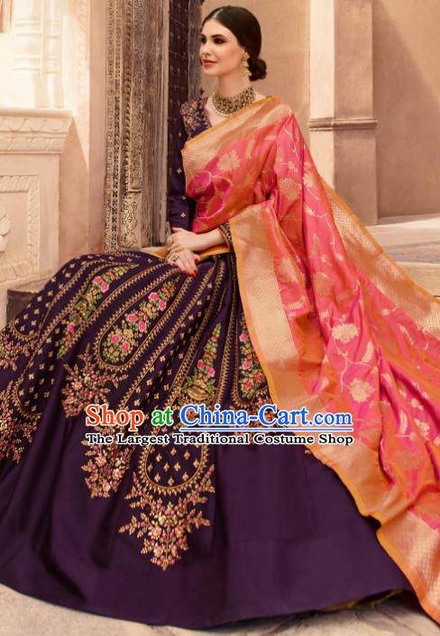 Traditional Indian Embroidered Lehenga Deep Purple Silk Dress Asian India National Bollywood Costumes for Women