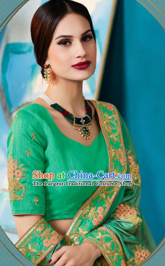 Traditional Indian Sari Embroidered Green Silk Dress Asian India National Bollywood Costumes for Women