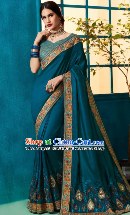 Traditional Indian Sari Embroidered Navy Blue Silk Dress Asian India National Bollywood Costumes for Women
