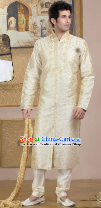 Asian Indian Sherwani Wedding Embroidered Beige Clothing India Traditional Bridegroom Costumes Complete Set for Men