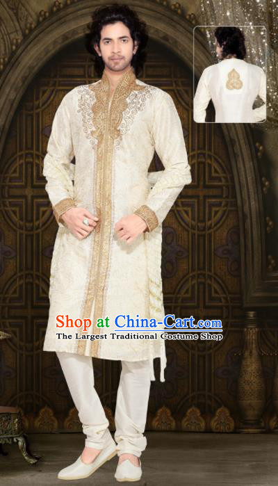 Asian Indian Sherwani Embroidered Beige Clothing India Traditional Wedding Bridegroom Costumes Complete Set for Men